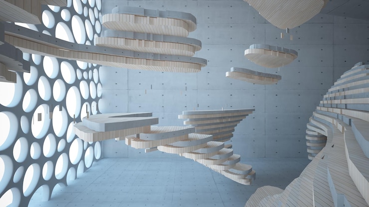 Foto resumen interior paramétrico de hormigón y madera con ilustración y renderizado 3d de ventana