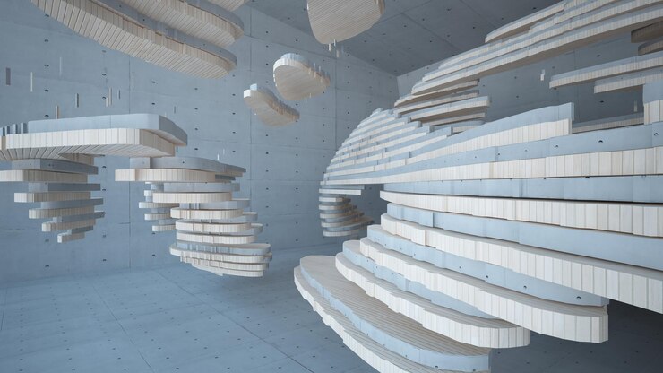 Foto resumen interior paramétrico de hormigón y madera con ilustración y renderizado 3d de ventana