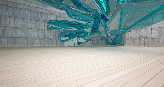 Resumen interior paramétrico de hormigón y madera con ilustración y renderizado 3D de ventana