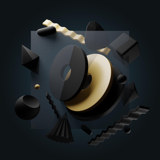 Resumen levitando formas geométricas primitivas negras y doradas sobre fondo oscuro. Ilustración 3D