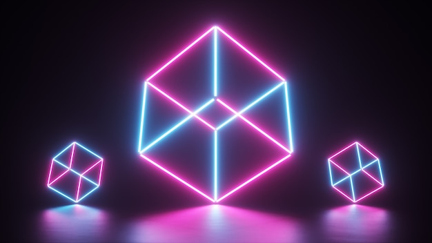 Resumen líneas de neón brillante creando un cubo