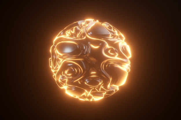 Resumen luminoso esfera de neón. Fondo abstracto con ondas onduladas futuristas de color naranja. Forma 3D con patrón rizado estroboscópico. Ilustración 3d