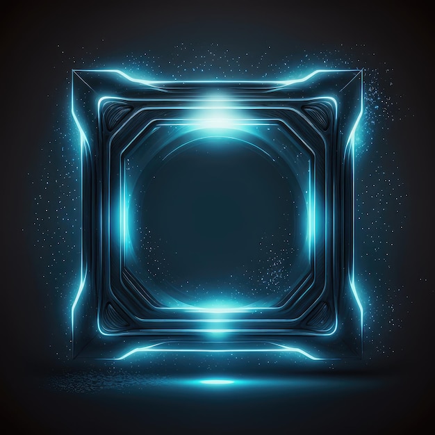 Resumen de marco cuadrado futurista brillante iluminado con azul neón en el juego
