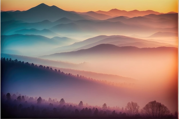 Resumen de montañas coloridas a la luz del sol del amanecer o del atardecer