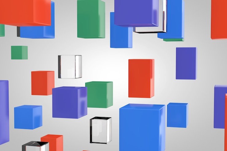 Foto resumen multicolores y cubos de bloques de vidrio de fondo extreme closeup. representación 3d