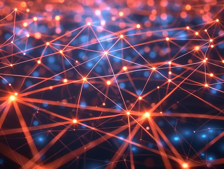 Foto resumen de los nodos y conexiones de datos digitales conectados que parpadean