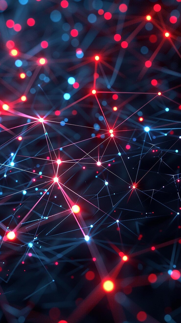 Foto resumen de los nodos y conexiones de datos digitales conectados que parpadean