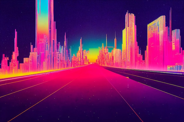 Resumen del paisaje urbano en retrowave city pop style moderno cyberpunk 3d rendering