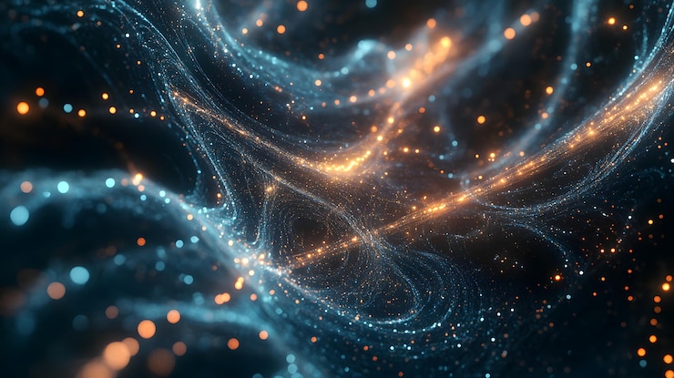 Resumen Partículas brillantes azules y naranjas con efectos Bokeh