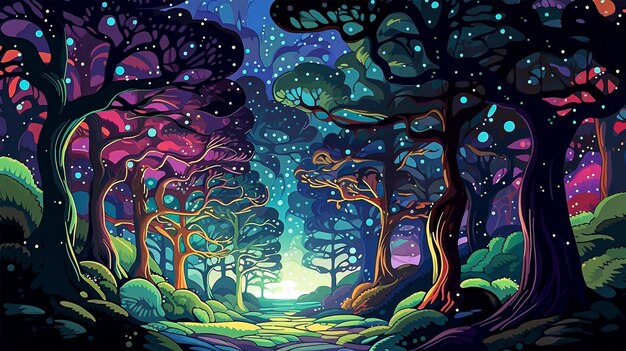 Resumen plano colorido luz de neón naturaleza bosque paisaje por la noche con tinta ilustración estrellas luna espeluznante niebla galaxia navidad halloween Generativo Ai