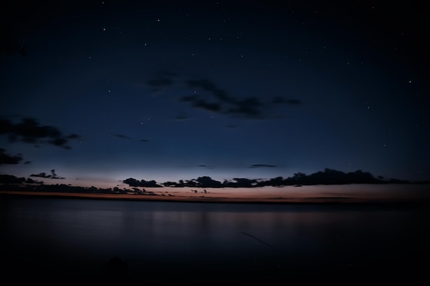 Resumen puesta de sol en el lago, paisaje de agua y cielo, vista borrosa libertad concepto de naturaleza