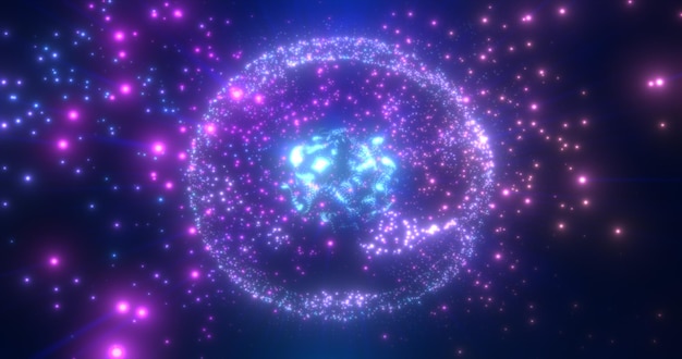 Resumen redondo azul a púrpura esfera luz brillante que brilla intensamente de rayos de energía y ondas mágicas