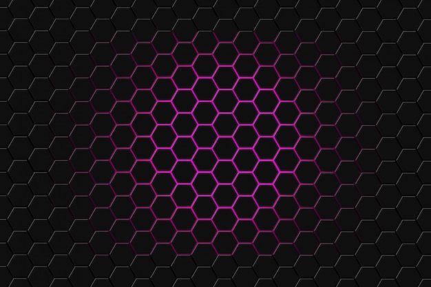 Resumen representación 3D de superficie futurista con hexágonos. Fondo de ciencia ficción púrpura oscuro.