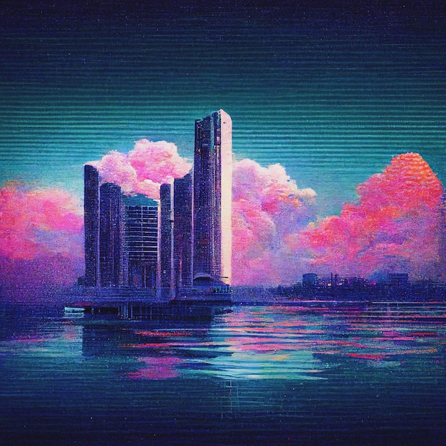 Resumen Retro futurista scifi synthwave paisaje en el espacio con estrellas Vaporwave estilizada ilustración 3D para música EDM Ai render