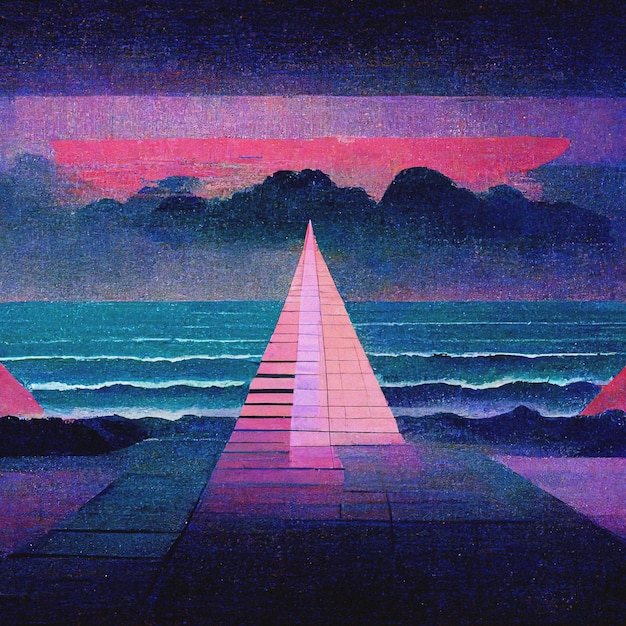 Resumen Retro futurista scifi synthwave paisaje en el espacio con estrellas Vaporwave estilizada ilustración 3D para música EDM Ai render