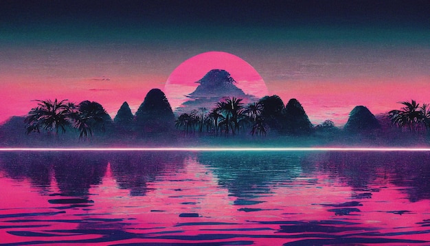 Resumen Retro futurista scifi synthwave paisaje en el espacio con estrellas Vaporwave estilizada ilustración 3D para música EDM Ai render