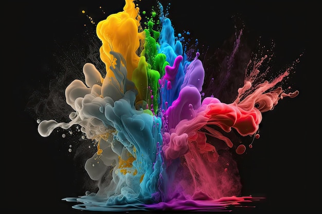 Resumen splash splash pintura sobre fondo negro hermoso arco iris colorido explosión de humo