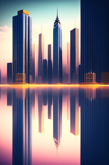 Resumen surrealista paisaje de la ciudad ilustraciones del horizonte Reflejo de rascacielos en la ilustración del agua
