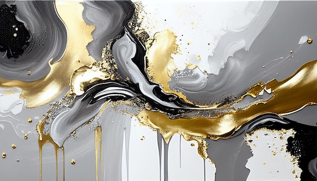 Resumen textura acrílica fondo fluido arte negro blanco y oro salpicadura pintura mezcla pintura efecto generativo ai