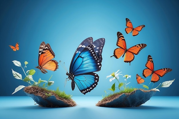 Resumen Transformación digital empresarial innovadora de la evolución del ciclo de vida de las mariposas Fondo azul