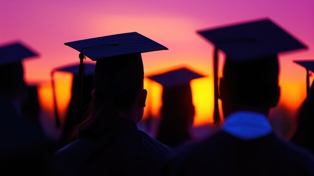 resumen Vista posterior del grupo de los graduados universitarios en la puesta de sol de Silhouette