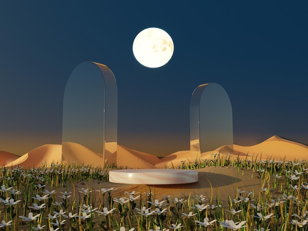 Resumo 3d de flores e plantas com suporte de pódio paisagem surreal night desert com arcos de espelho