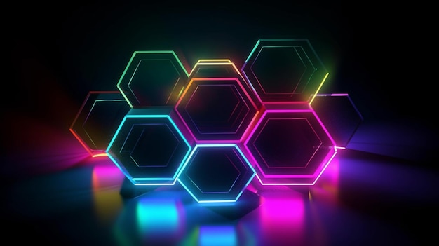 Resumo da forma de hexágono neon isolada no fundo do espaço em holofotes coloridos reflexivos