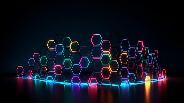Resumo da forma de hexágono neon isolada no fundo do espaço em holofotes coloridos reflexivos