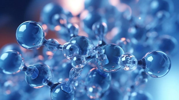 Resumo das moléculas de ácido hialurônico Produtos químicos hidratados Estrutura molecular e molécula esférica azul
