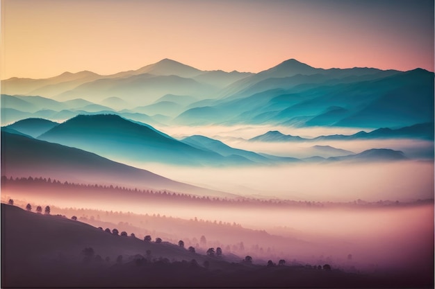 Resumo de montanhas coloridas à luz do sol do amanhecer ou do crepúsculo