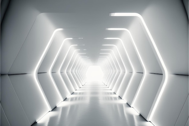 Resumo do corredor futurista do túnel scifi com fundo de luz branca