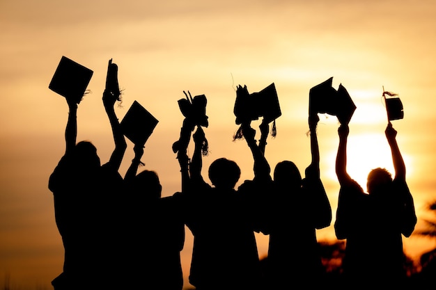 Resumo Fechar o grupo de visão traseira dos graduados universitários no pôr do sol Silhouette