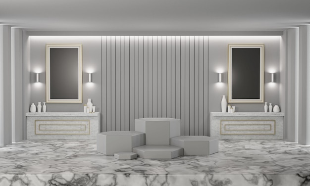 Resumo maquete de pódio de exibição hexagonal em camarim de piso de mármore de luxo ou palco de vitrine de sala de spa para exibição de produto ilustração de renderização 3D