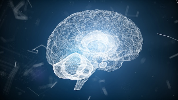 Resumo médica brilho azul wireframe cérebro rede e ponto de conexão