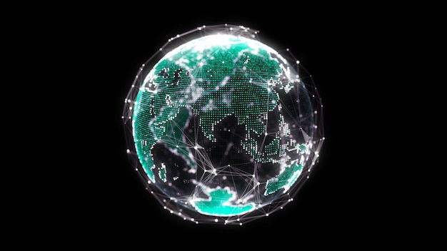 Resumo planeta Terra com partículas e um shell conectado com linhas Conexão de rede global Ciência e tecnologia renderização em 3D