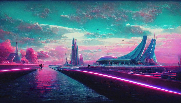 Resumo Retro futurista paisagem synthwave scifi no espaço com estrelas Vaporwave estilizado ilustração 3D para música EDM Ai render