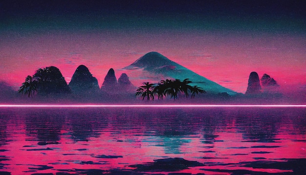 Resumo Retro futurista paisagem synthwave scifi no espaço com estrelas Vaporwave estilizado ilustração 3D para música EDM Ai render