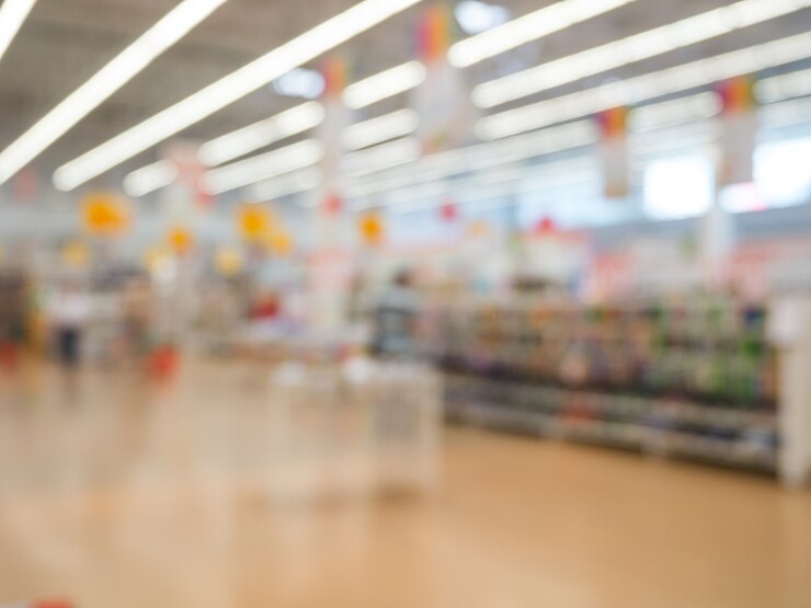 Foto resumo supermercado turva, conceito de estilo de vida urbano. dof raso