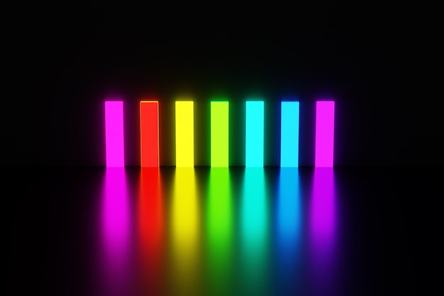 Foto retângulos de ilustração de cores do arco-íris brilham com uma luz brilhante e refletem no chão em um fundo preto isolado.