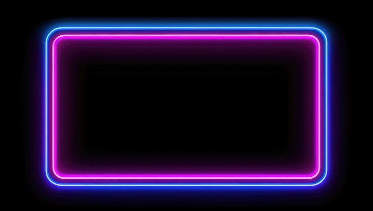 Foto retângulos de neon com luzes azuis e rosa em um fundo preto.