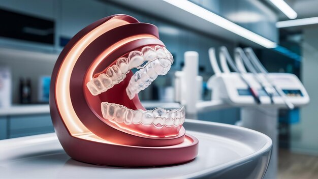 Foto el retenedor de alineación dental invisible en la clínica dental