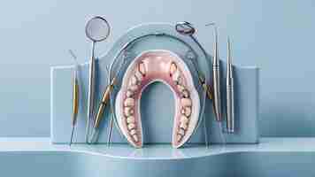 Foto retenedor dental aparato de ortodoncia y herramientas dentales en el fondo azul