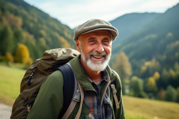 Retirado activo con mochila en una expedición de senderismo rural