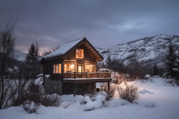 Retiro de cabana aconchegante com vista para a cordilheira coberta de neve criada com IA generativa