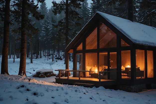 Retiro de Inverno Cabana moderna com janelas de vidro