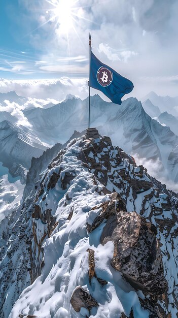 Foto retiro de montanha para estrategistas de bitcoin bandeira de bitcoin na foto de fundo do cartaz de tendência