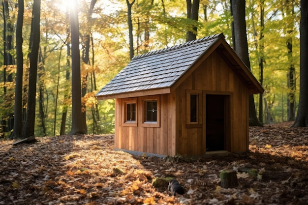 Retiro de outono rústico Velha cabana de madeira aninhada em coloridos bosques de outono