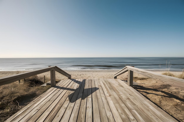 Retiro de praia rústico com convés temperado céu limpo e atmosfera de mar pacífica