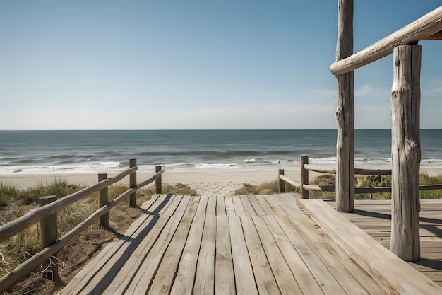 Retiro de praia rústico com convés temperado céu limpo e atmosfera de mar pacífica