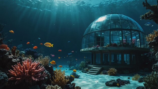 Retiro de recife de corais Habitação submarina futurista com janelas panorâmicas